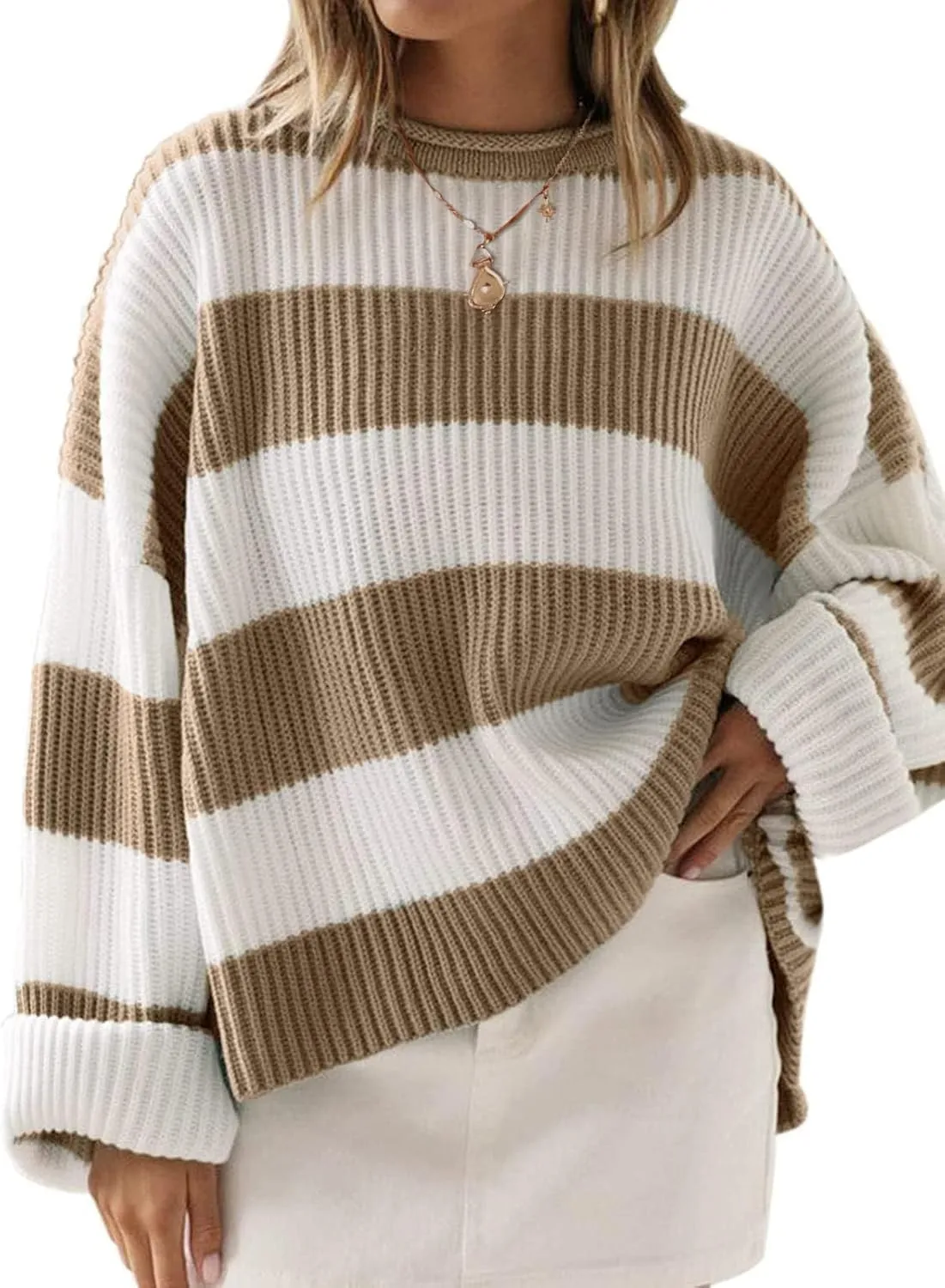 ZESICA Women's Fall Long Sleeve Crew Neck Striped Color Block Comfy Loose Oversized Knitted Pullover Sweater