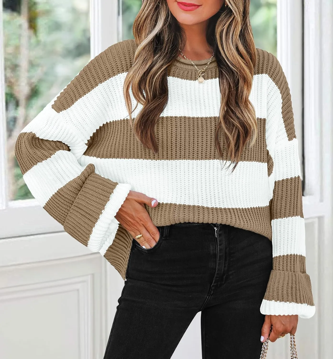 ZESICA Women's Fall Long Sleeve Crew Neck Striped Color Block Comfy Loose Oversized Knitted Pullover Sweater