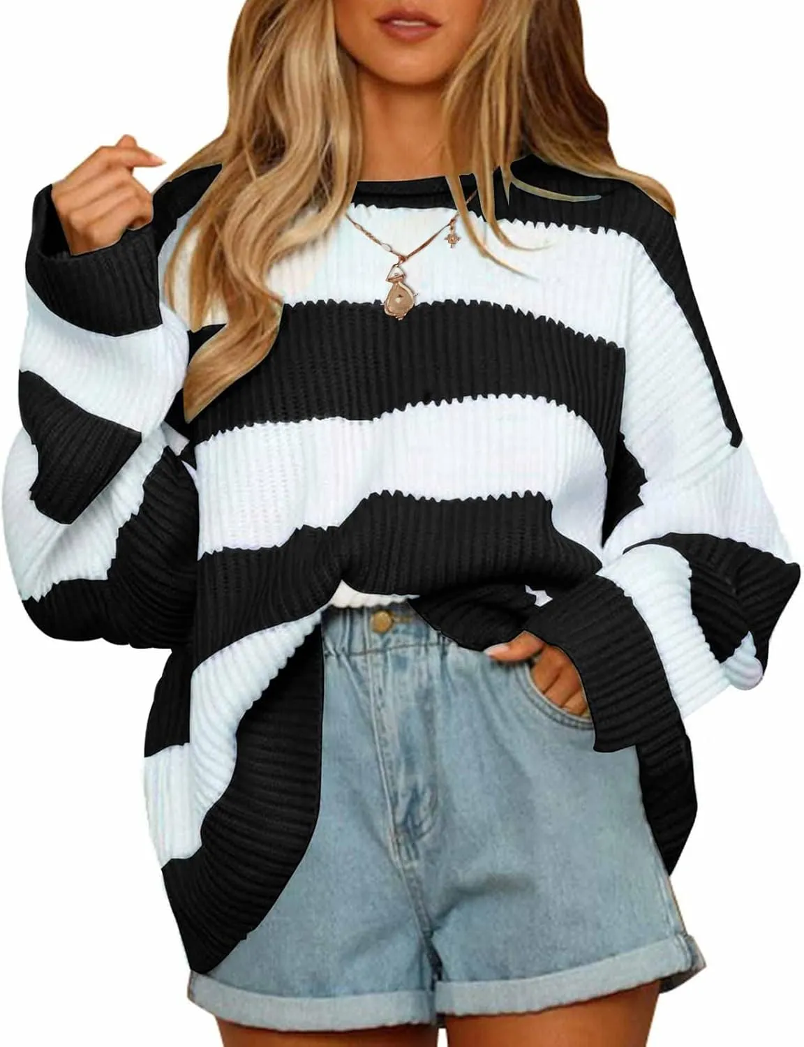 ZESICA Women's Fall Long Sleeve Crew Neck Striped Color Block Comfy Loose Oversized Knitted Pullover Sweater