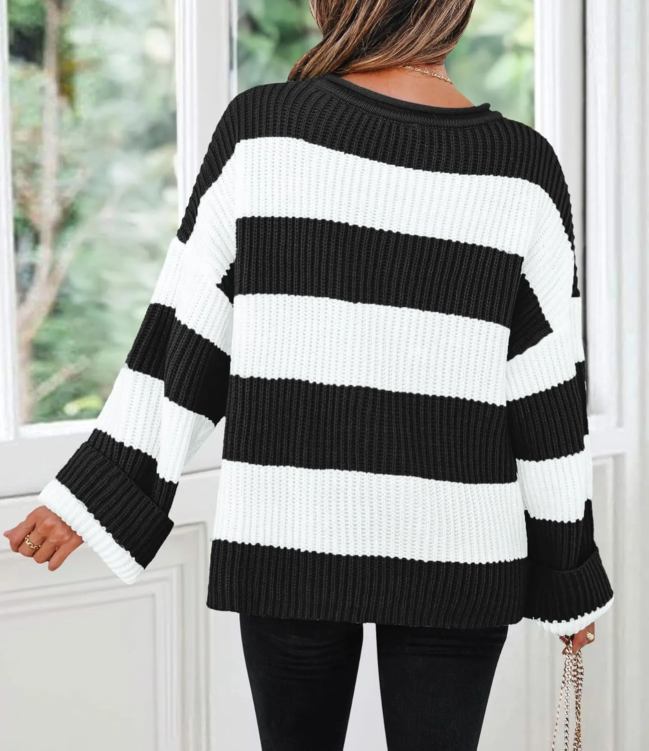 ZESICA Women's Fall Long Sleeve Crew Neck Striped Color Block Comfy Loose Oversized Knitted Pullover Sweater