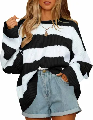 ZESICA Women's Fall Long Sleeve Crew Neck Striped Color Block Comfy Loose Oversized Knitted Pullover Sweater