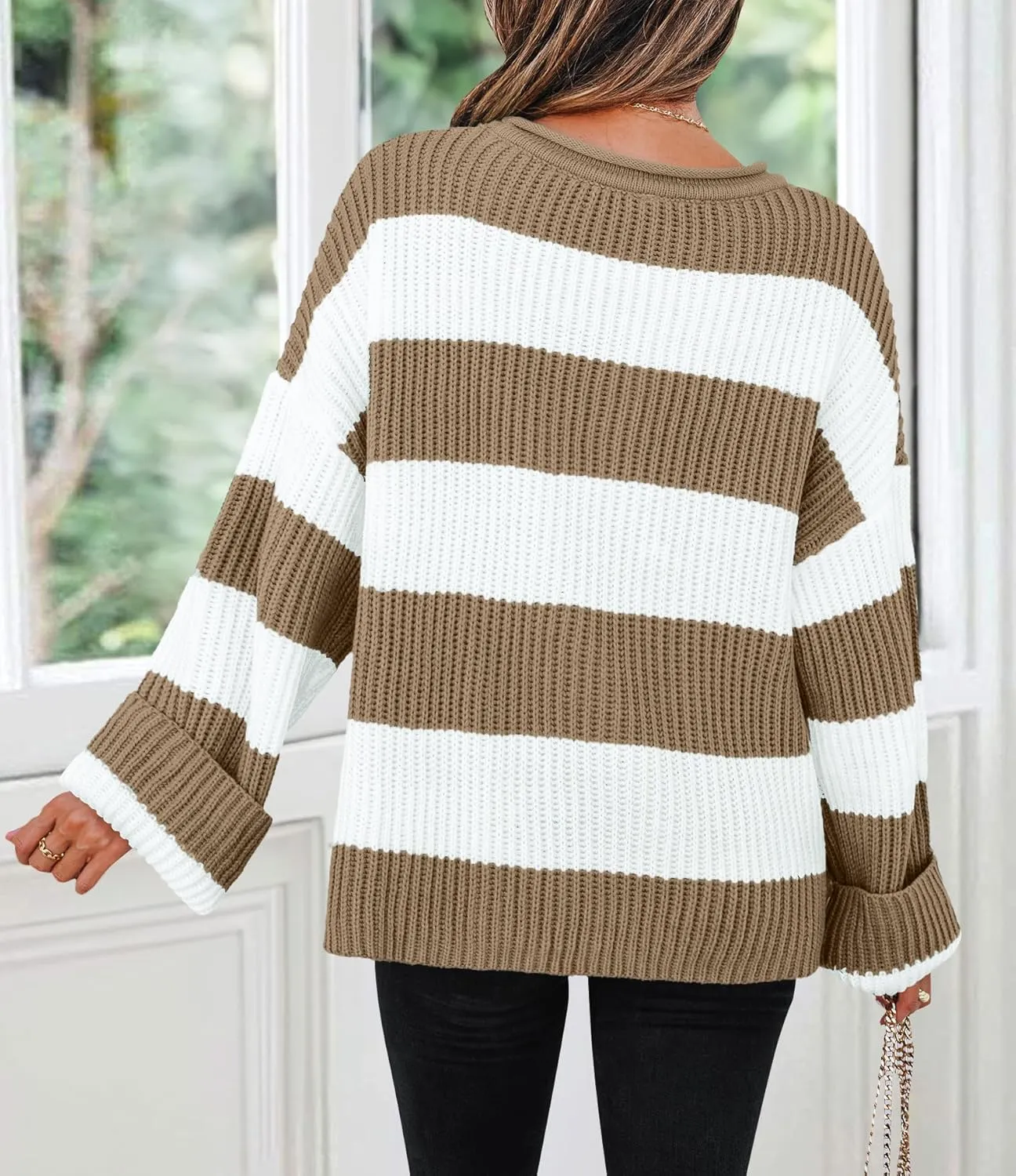 ZESICA Women's Fall Long Sleeve Crew Neck Striped Color Block Comfy Loose Oversized Knitted Pullover Sweater