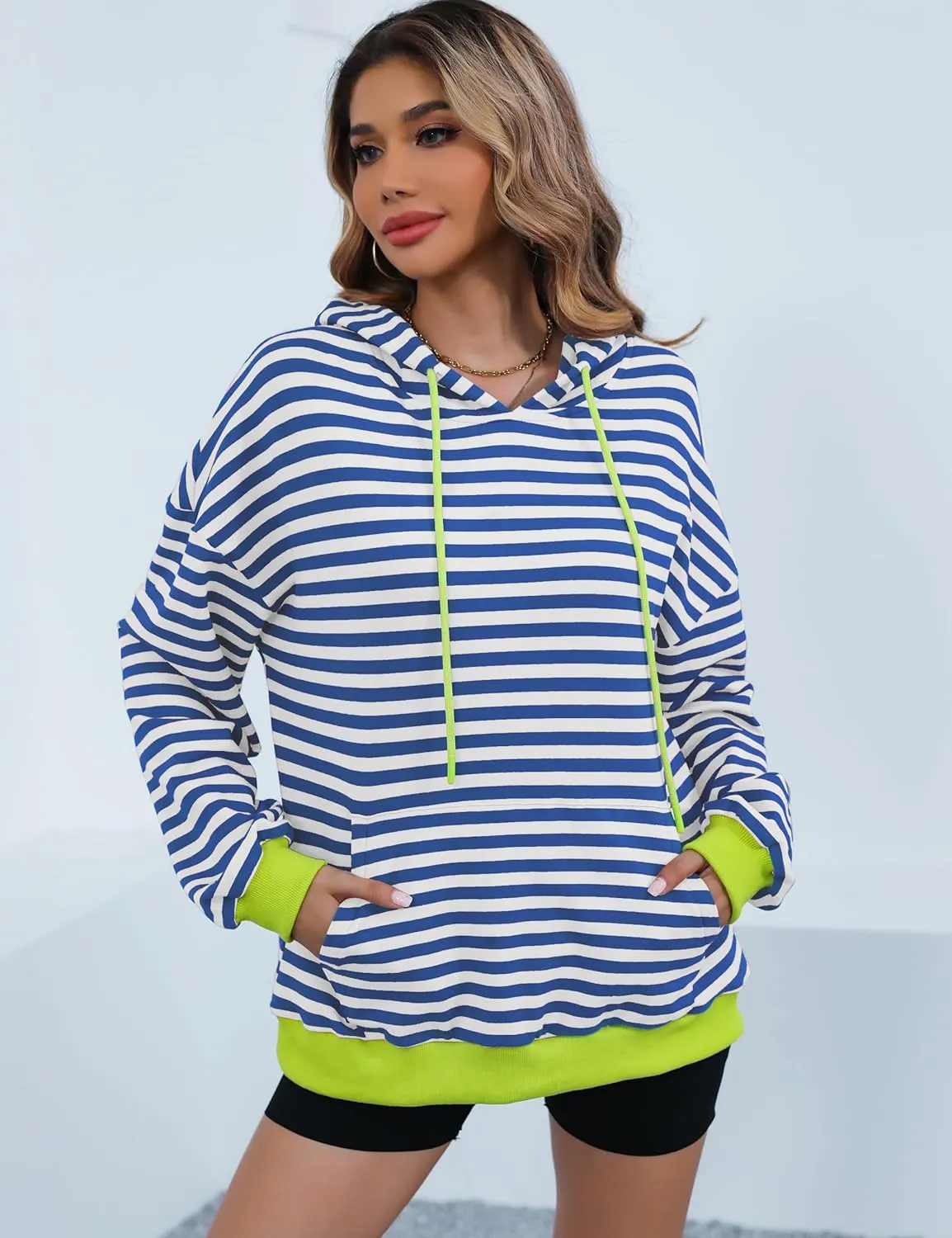 ZILIN Womens Striped Oversized Sweatshirts Long Sleeve Color Block Hoodies Pullover Top Y2K Clothes with Pocket