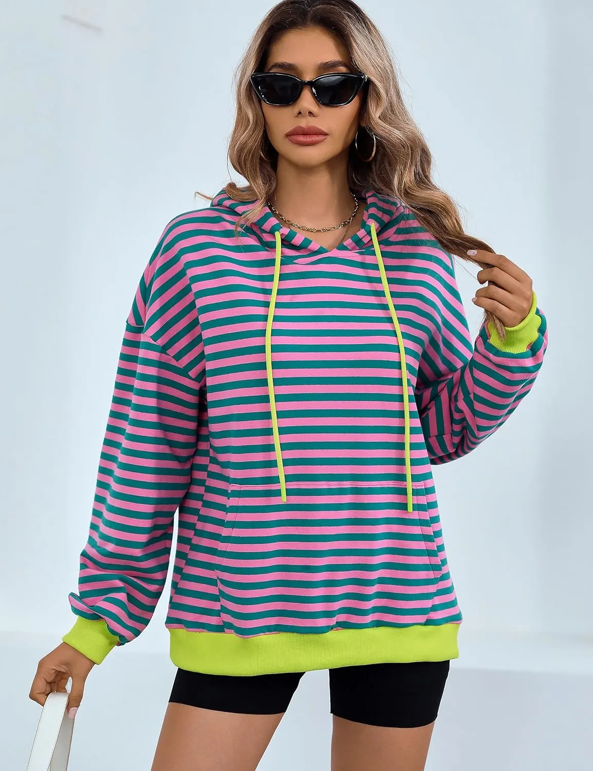 ZILIN Womens Striped Oversized Sweatshirts Long Sleeve Color Block Hoodies Pullover Top Y2K Clothes with Pocket