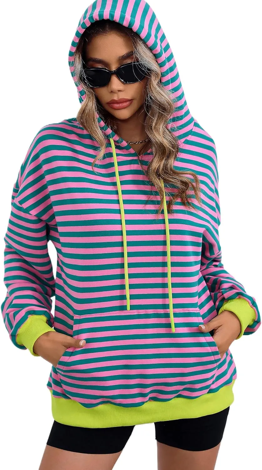 ZILIN Womens Striped Oversized Sweatshirts Long Sleeve Color Block Hoodies Pullover Top Y2K Clothes with Pocket