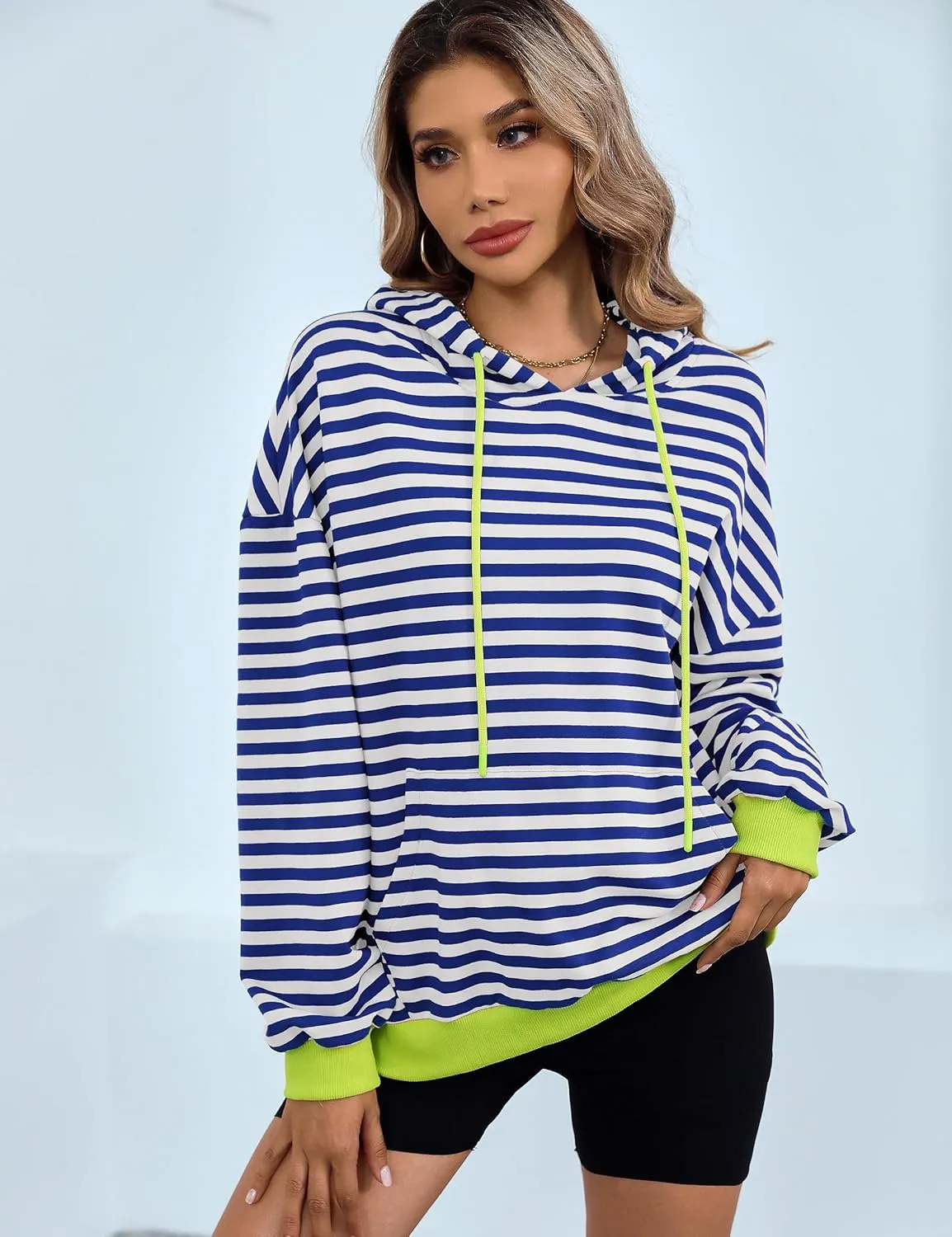 ZILIN Womens Striped Oversized Sweatshirts Long Sleeve Color Block Hoodies Pullover Top Y2K Clothes with Pocket