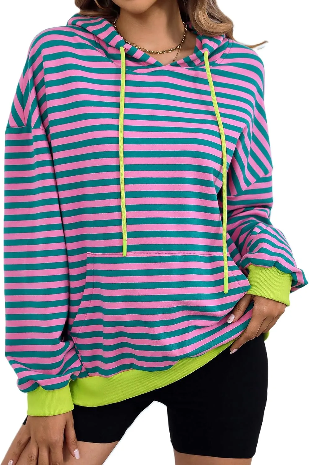 ZILIN Womens Striped Oversized Sweatshirts Long Sleeve Color Block Hoodies Pullover Top Y2K Clothes with Pocket