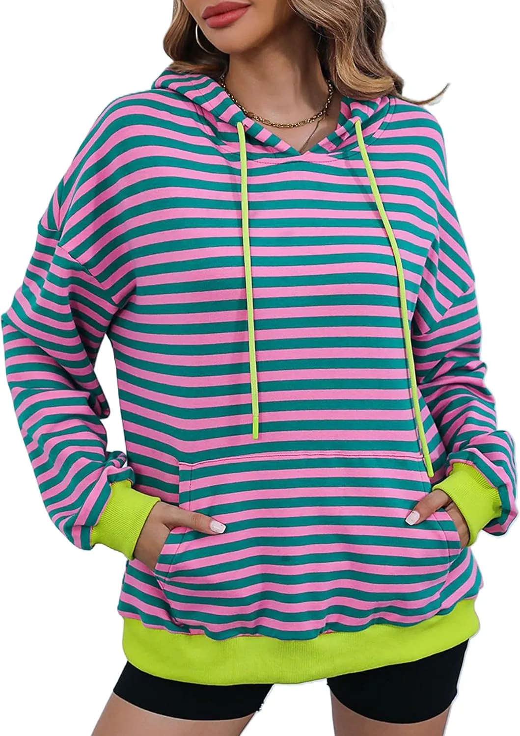 ZILIN Womens Striped Oversized Sweatshirts Long Sleeve Color Block Hoodies Pullover Top Y2K Clothes with Pocket