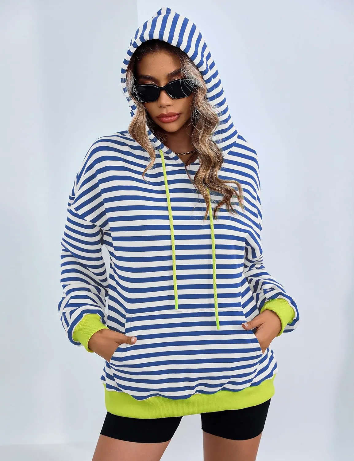 ZILIN Womens Striped Oversized Sweatshirts Long Sleeve Color Block Hoodies Pullover Top Y2K Clothes with Pocket