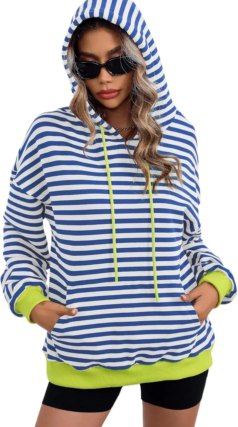 ZILIN Womens Striped Oversized Sweatshirts Long Sleeve Color Block Hoodies Pullover Top Y2K Clothes with Pocket