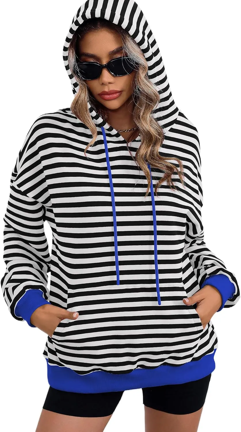 ZILIN Womens Striped Oversized Sweatshirts Long Sleeve Color Block Hoodies Pullover Top Y2K Clothes with Pocket