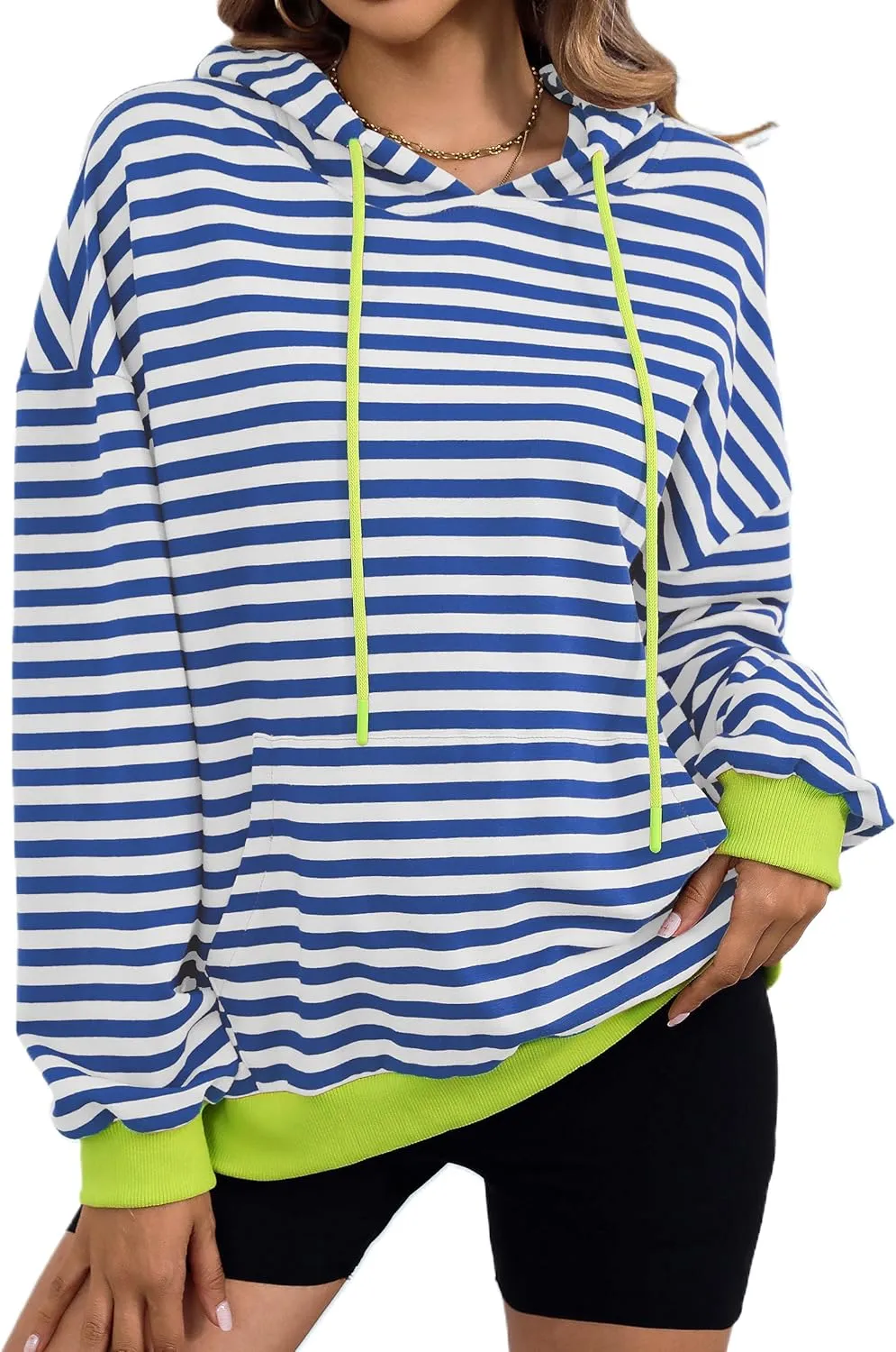 ZILIN Womens Striped Oversized Sweatshirts Long Sleeve Color Block Hoodies Pullover Top Y2K Clothes with Pocket