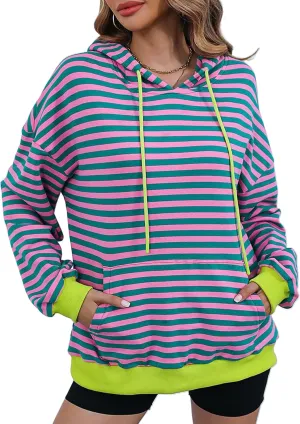 ZILIN Womens Striped Oversized Sweatshirts Long Sleeve Color Block Hoodies Pullover Top Y2K Clothes with Pocket